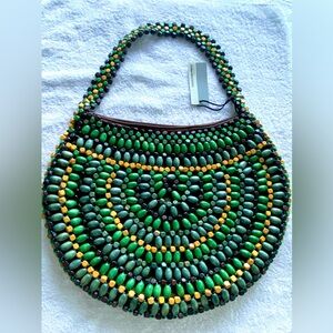 🎁 NWT Handcrafted Vintage Boho Multicolor Beaded Green and‎ Yellow Shoulder Bag